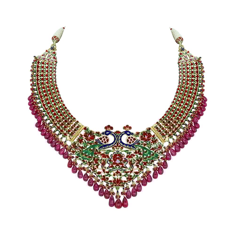 Necklace with Peacock Motifs, Polkis, and Ruby Drops